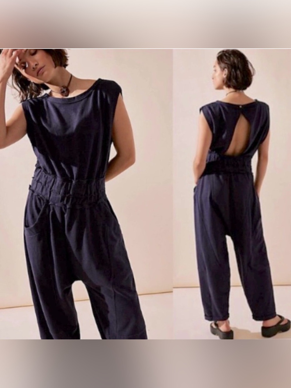 Free People Jamie Jumpsuit Sz Small Navy Blue Open Back Boho